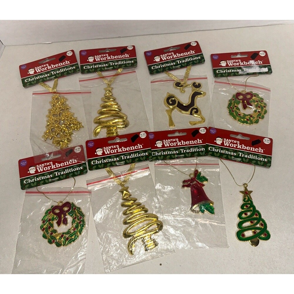 Santa’s Workbench Gold Tone Metal Christmas Ornaments Tree Wreath Reindeer Lot 